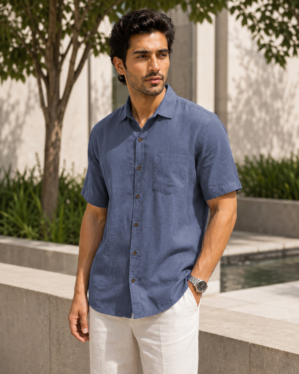 Half-Sleeve Cotton Linen Shirt in Blue