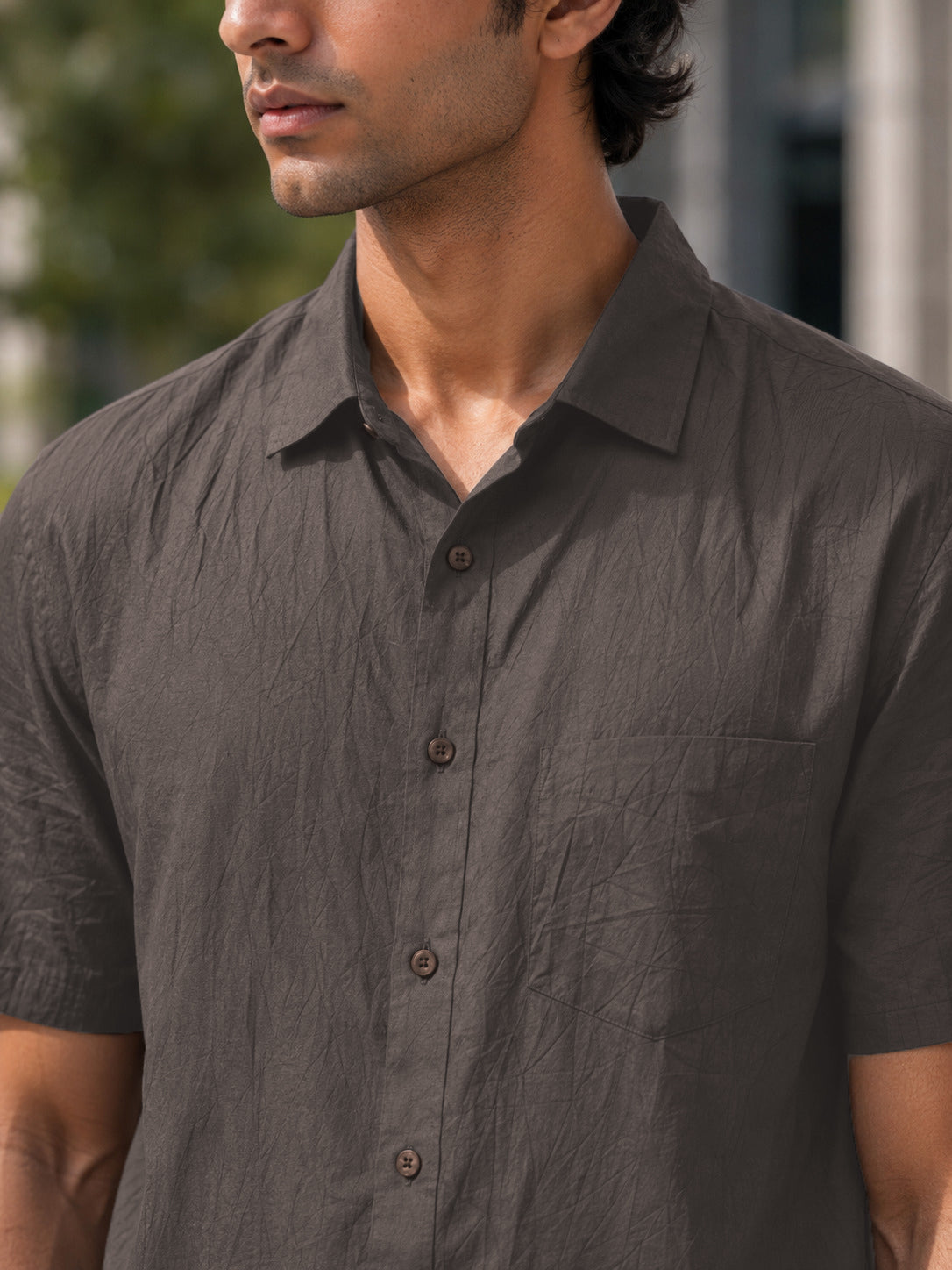 Half-Sleeve Cotton Linen Shirt in Charcoal Grey