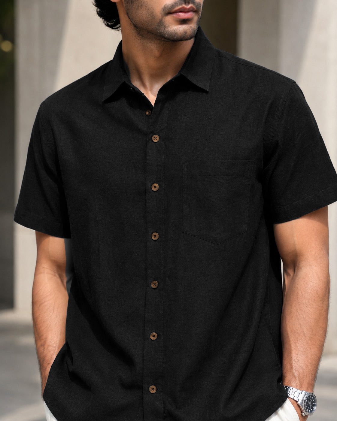Half-Sleeve Cotton Linen Shirt in Black