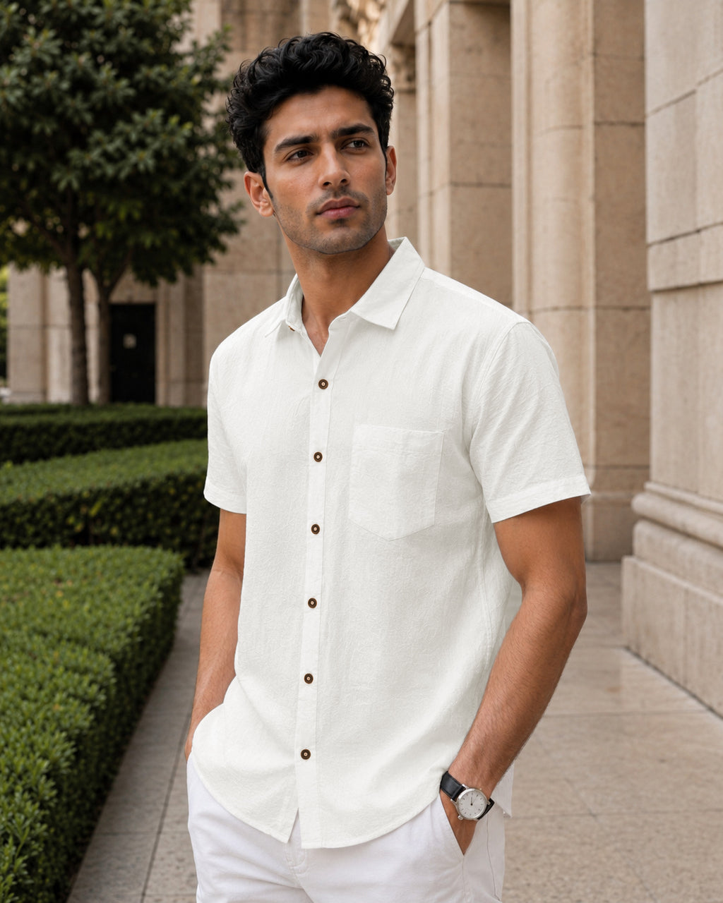 Half-Sleeve Cotton Linen Shirt in White