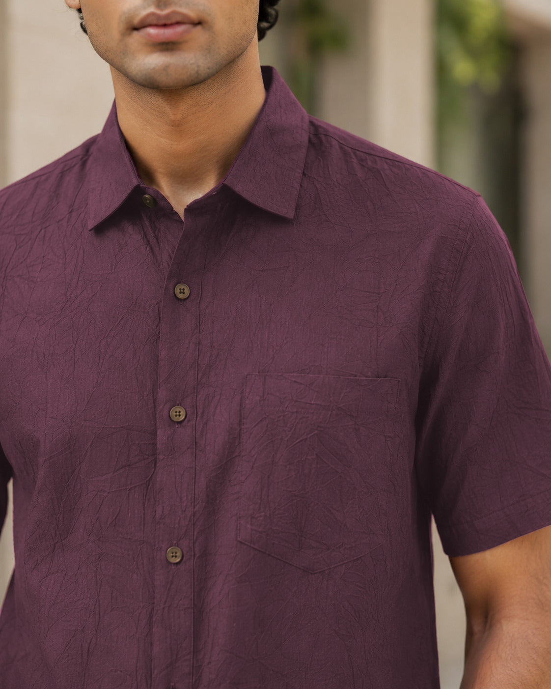 Half-Sleeve Cotton Linen Shirt in Wine