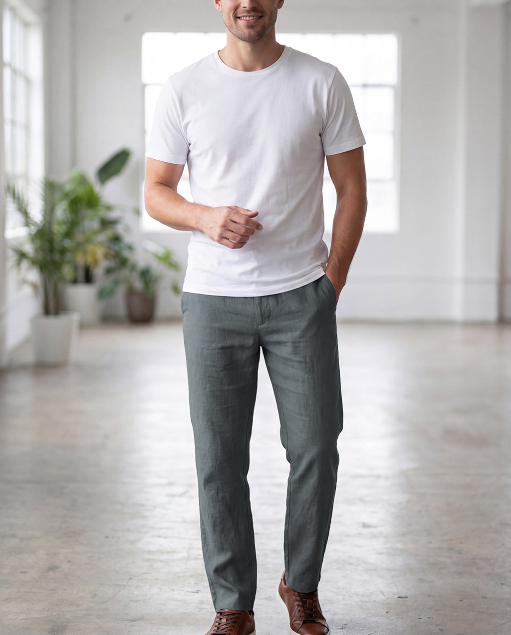 Grey Casual Linen Pants For Men