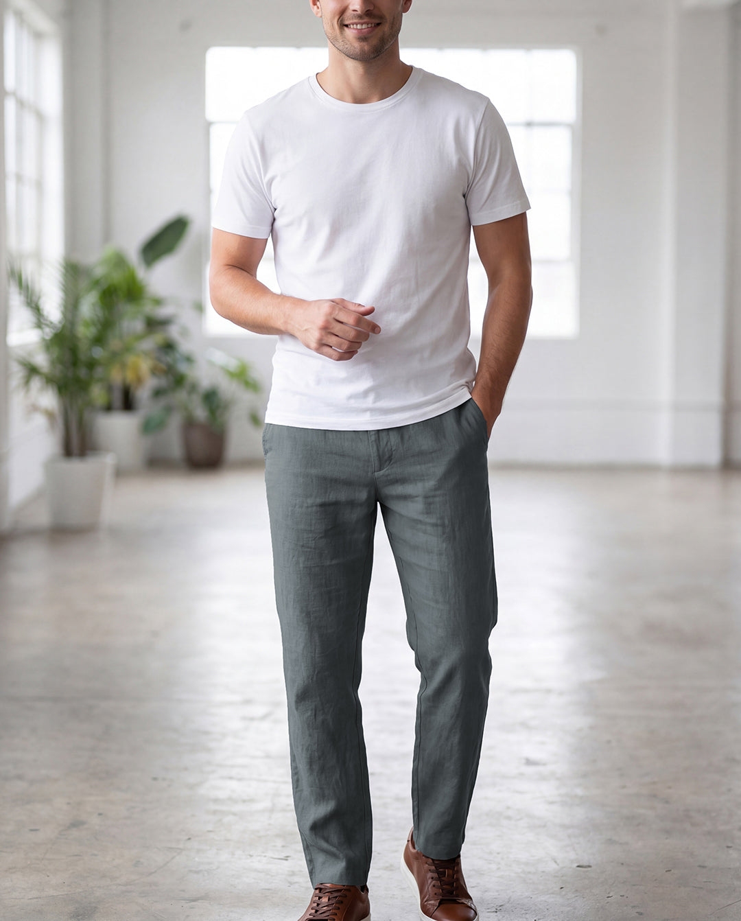 Grey Casual Linen Pants For Men