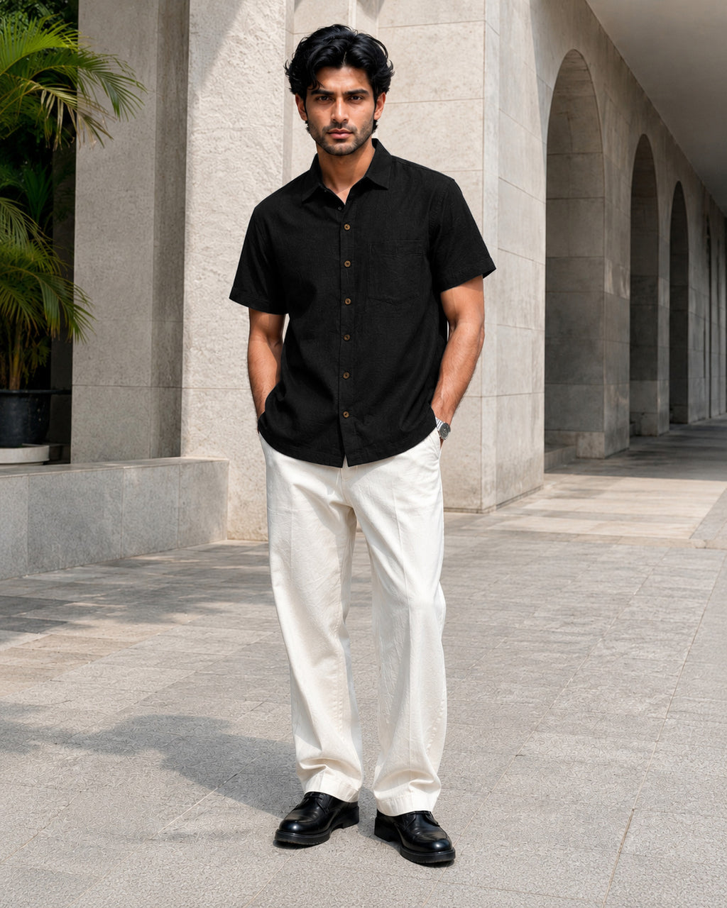 Half-Sleeve Cotton Linen Shirt in Black