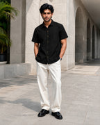 Half-Sleeve Cotton Linen Shirt in Black