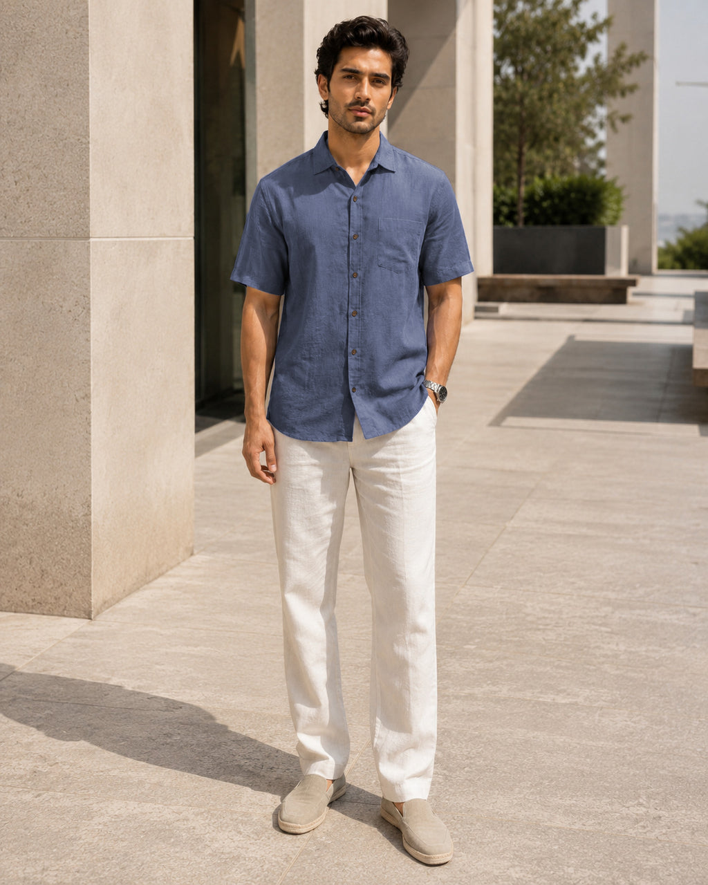 Half-Sleeve Cotton Linen Shirt in Blue