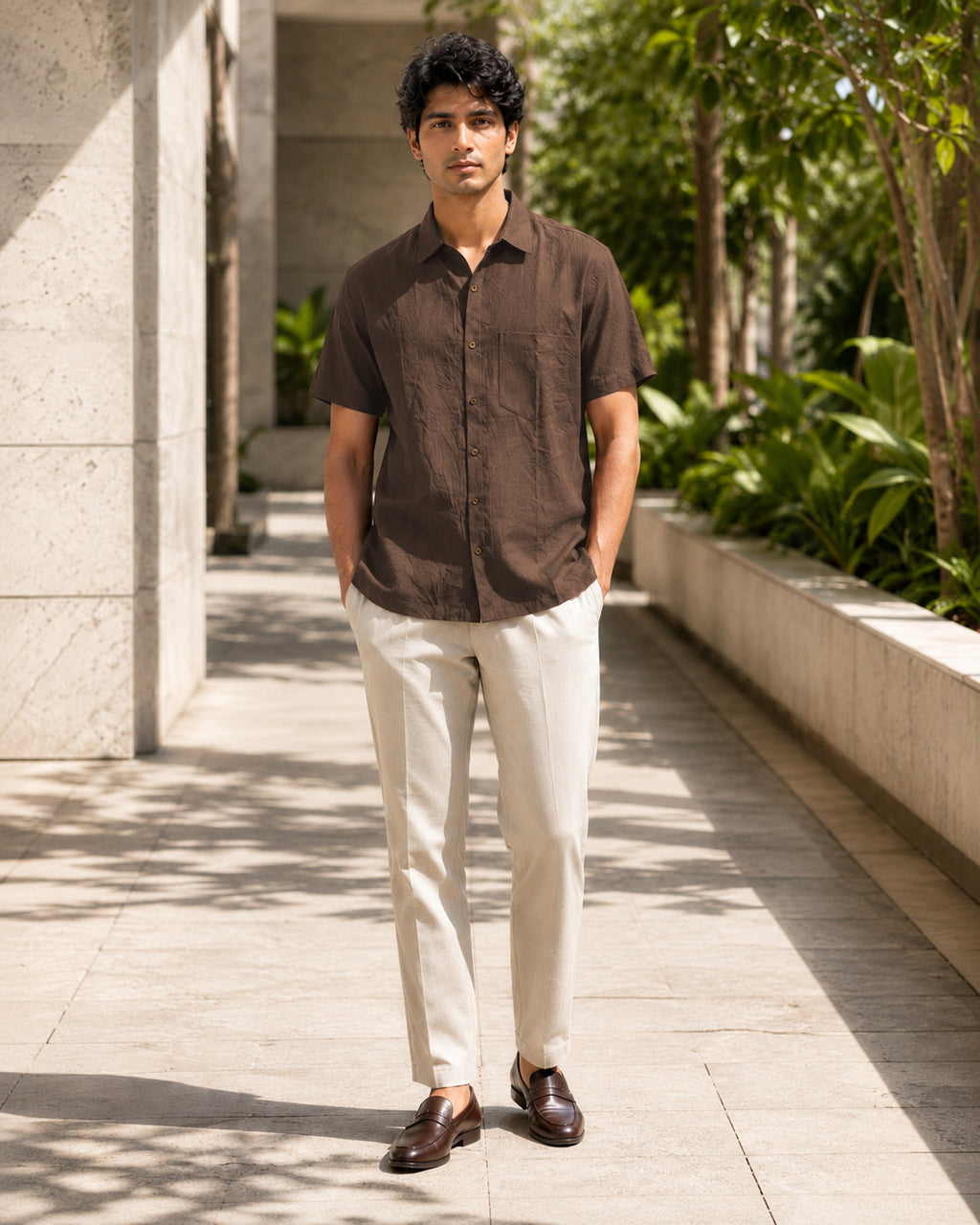Half-Sleeve Cotton Linen Shirt in Brown