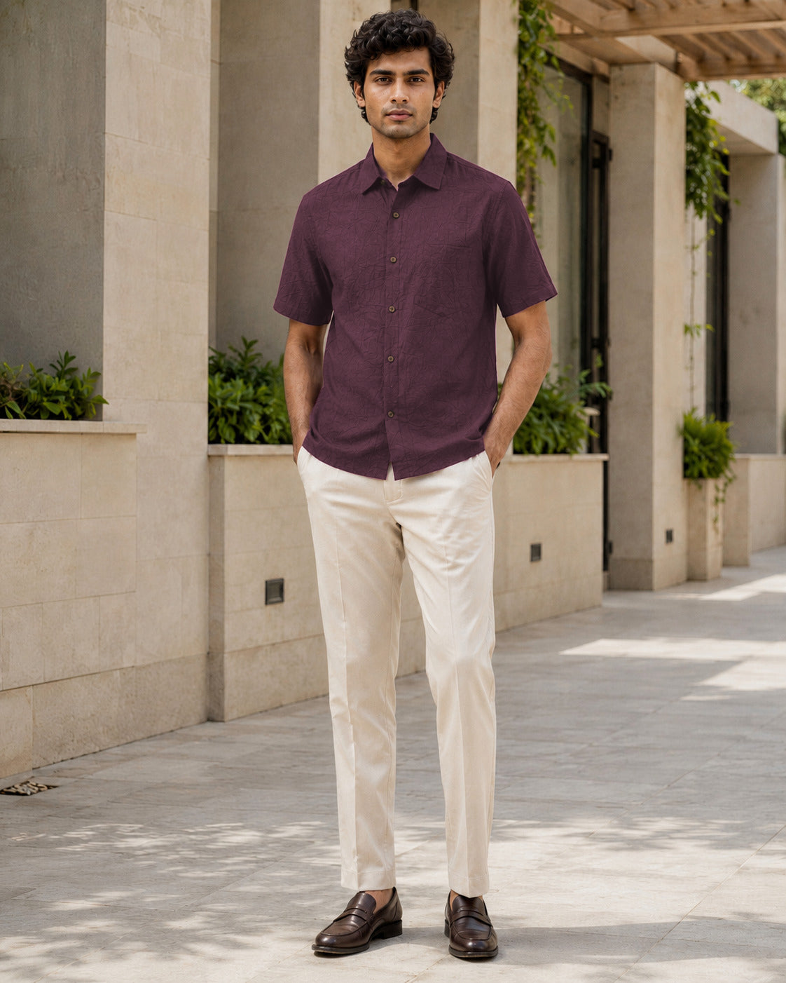 Half-Sleeve Cotton Linen Shirt in Wine
