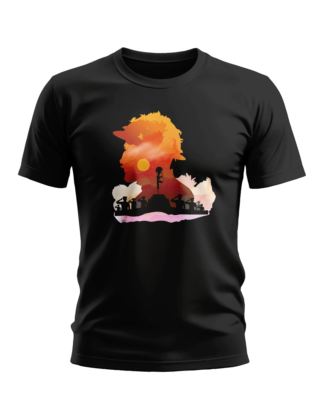Black t-shirt with colorful soldier silhouette print and army salute graphic, men's fashion