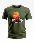 Olive green men's t-shirt with artistic soldier silhouette and military tribute graphic