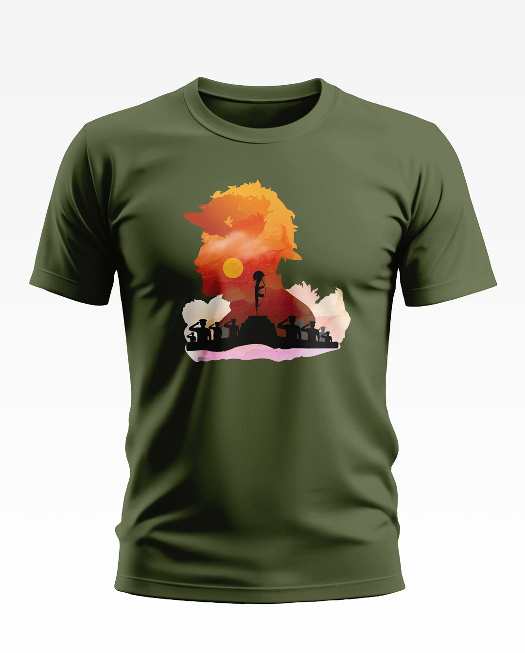 Olive green men's t-shirt with artistic soldier silhouette and military tribute graphic