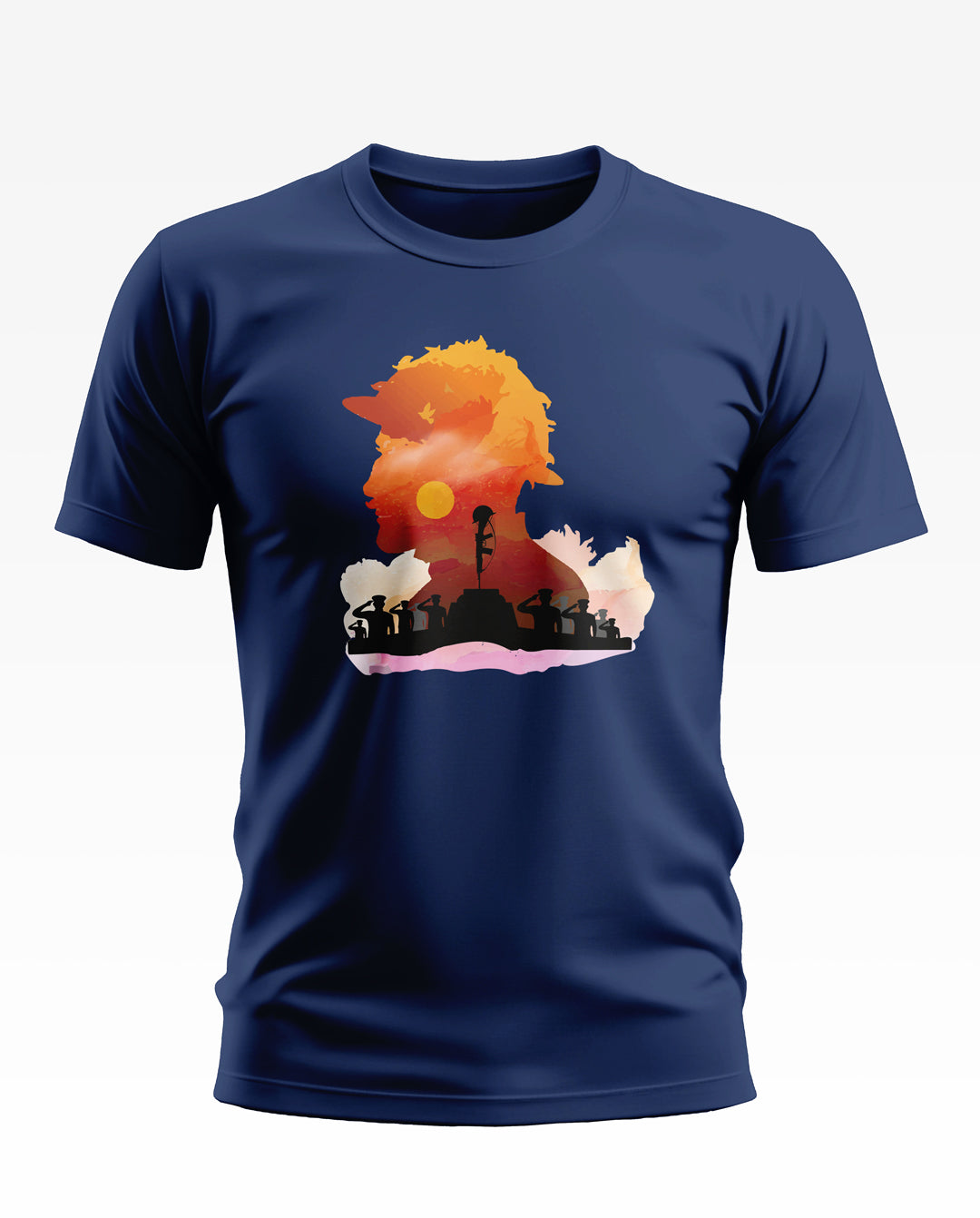 Navy blue men's t-shirt with soldier silhouette and salute graphic, army-inspired design