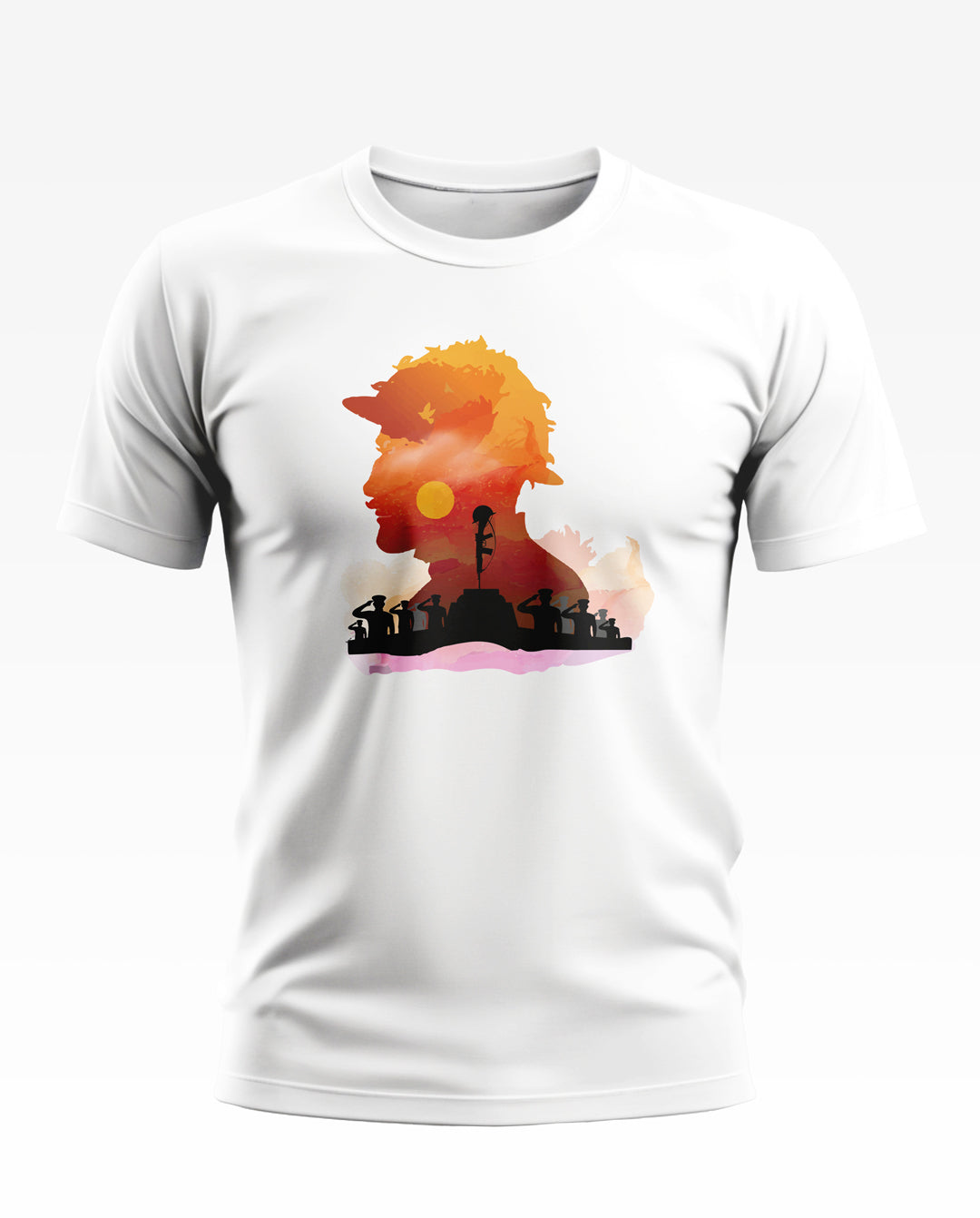 White men's t-shirt with soldier silhouette and army tribute graphic print, round neck, short sleeves