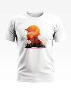 White men's t-shirt featuring soldier silhouette graphic with sunset and saluting figures
