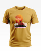 Yellow t-shirt with artistic soldier silhouette, sunset background, and saluting troops graphic