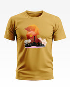 Yellow men's t-shirt with an artistic soldier silhouette and saluting army graphic print