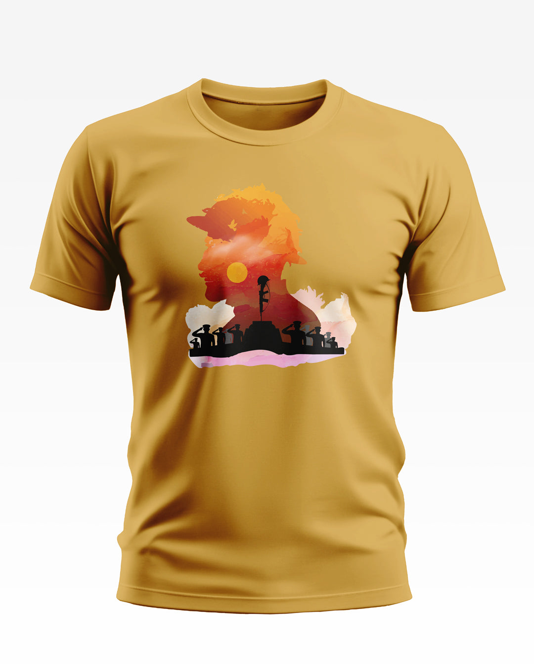 Yellow men's t-shirt with an artistic soldier silhouette and saluting army graphic print