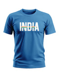 Blue men's t-shirt with bold white 'INDIA' text and tricolor stripe graphic on chest