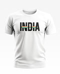 White men's t-shirt with bold black INDIA text and tricolor stripe design on chest