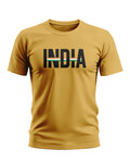 Yellow men's t-shirt with bold INDIA text and tricolor stripe, casual army-inspired style