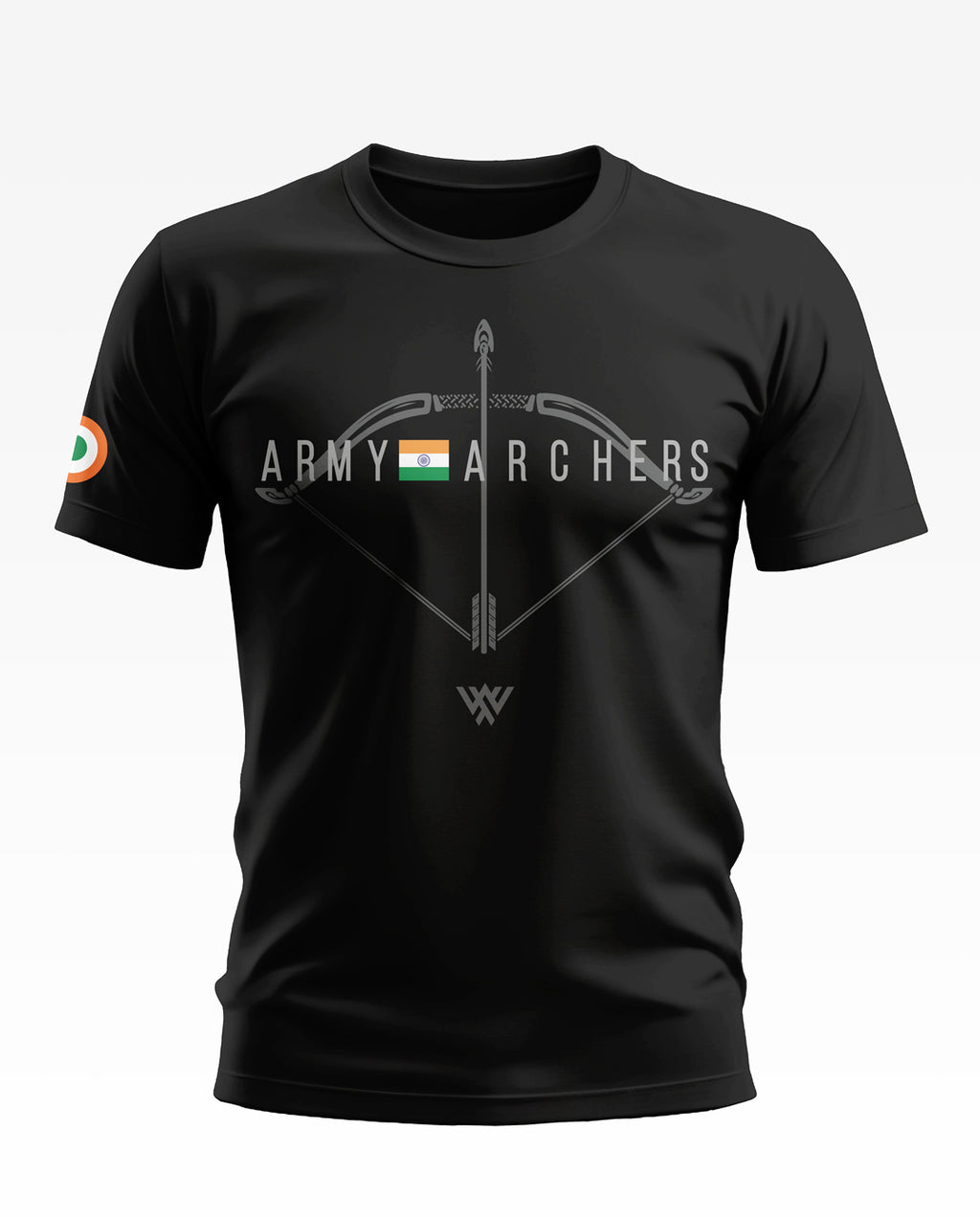 Black men's t-shirt with 'Army Archers' text, bow and arrow graphic, and Indian flag on chest