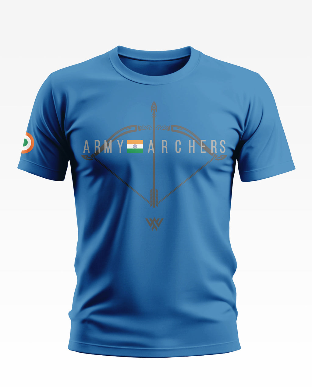Blue men's t-shirt with 'Army Archers' bow and arrow graphic and Indian flag print