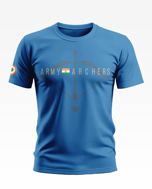 Blue men's t-shirt with 'Army Archers' bow and arrow graphic and Indian flag print