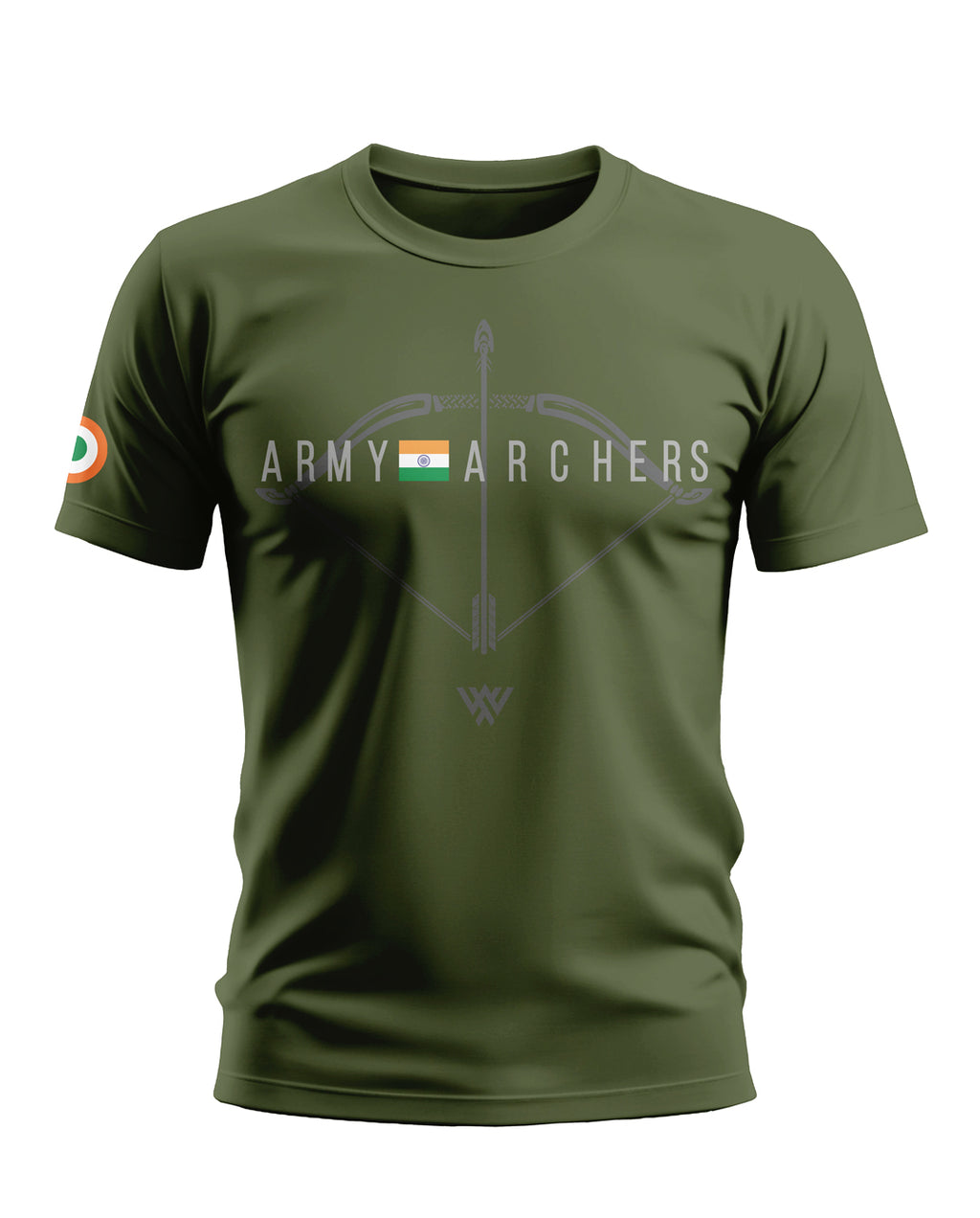 Olive green men's t-shirt with 'Army Archers' text, bow and arrow graphic, and Indian flag.