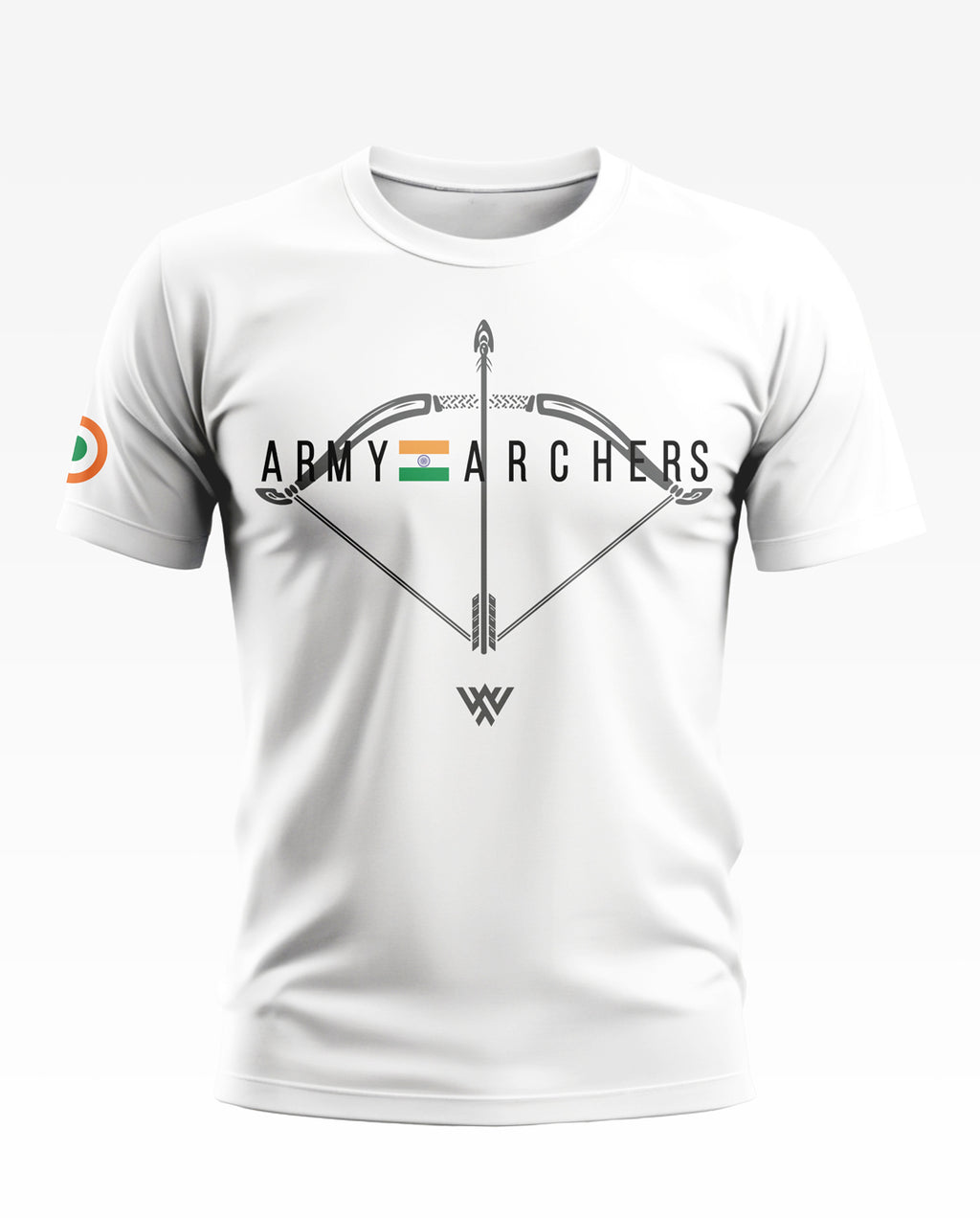 White men's t-shirt with Army Archers bow and arrow graphic, Indian flag on sleeve
