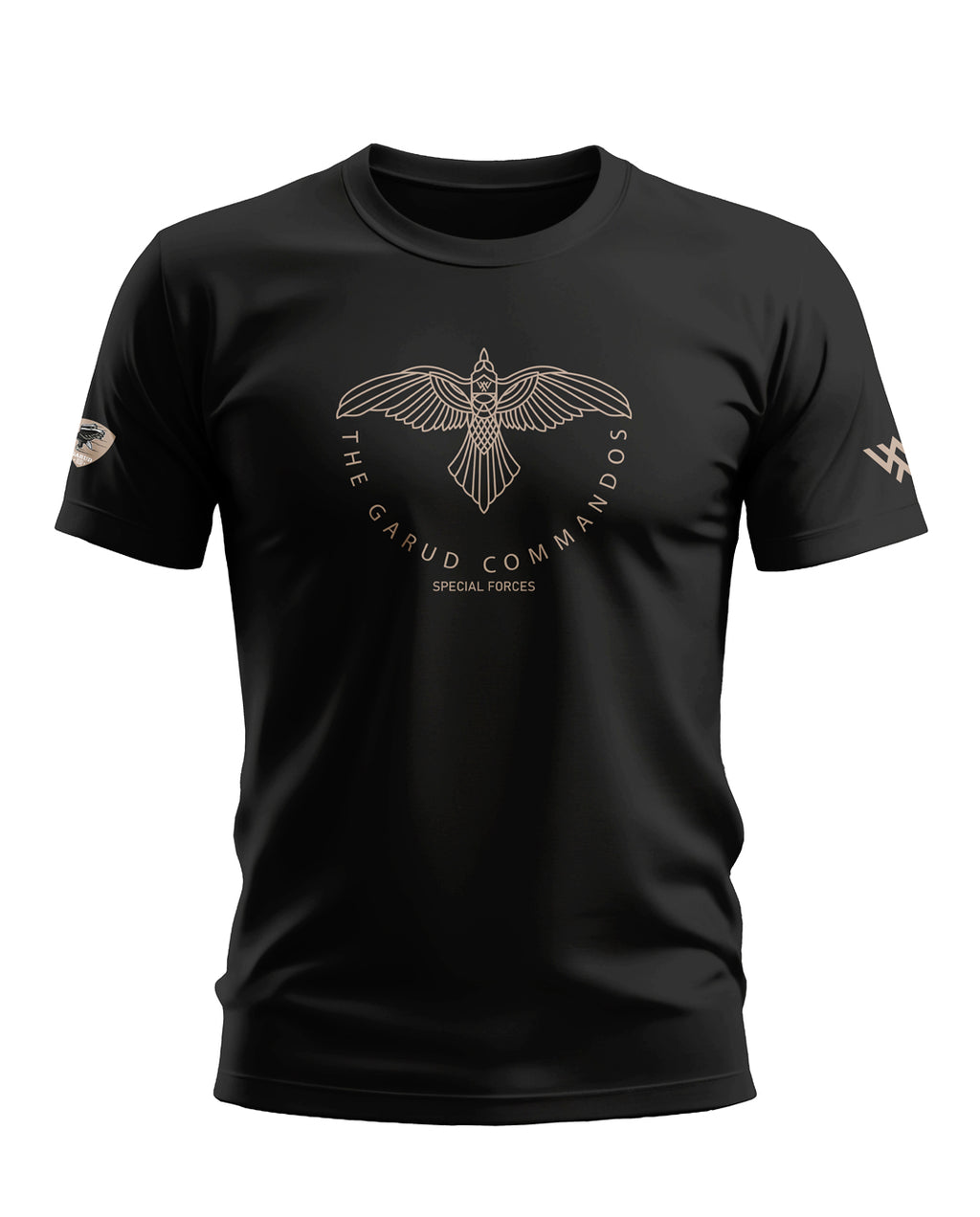 Black men's t-shirt featuring a Garud Commandos special forces bird graphic on the chest.