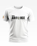 White men's t-shirt with 'Indian Air Force' text, Ashoka Chakra and plane graphic, and Indian roundel on sleeve