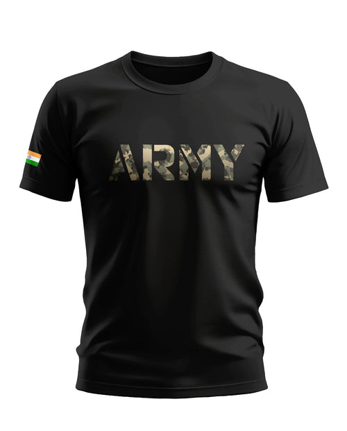 Black men's t-shirt with camo 'ARMY' print and Indian flag patch on sleeve