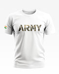 White men's t-shirt with camouflage ARMY text and Indian flag on sleeve