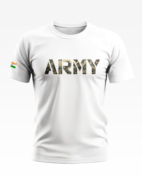 White men's t-shirt with camouflage ARMY text and Indian flag on sleeve