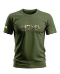 Olive green men's t-shirt with camouflage 'ARMY' text and Indian flag on sleeve