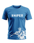 Blue men's t-shirt with bold SNIPER text and white army soldier graphic print