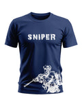 Navy blue t-shirt with SNIPER text and white soldier graphic, men's military fashion style