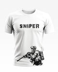 White men's t-shirt with SNIPER text and black soldier graphic, army-themed fashion