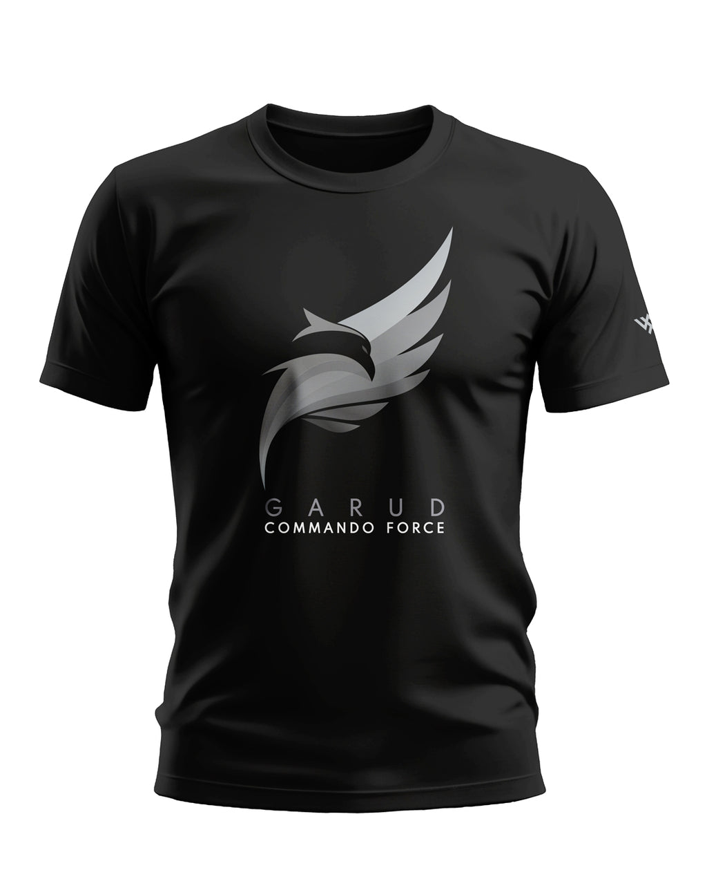 Black men's t-shirt with Garud Commando Force graphic and bold eagle wing design on front