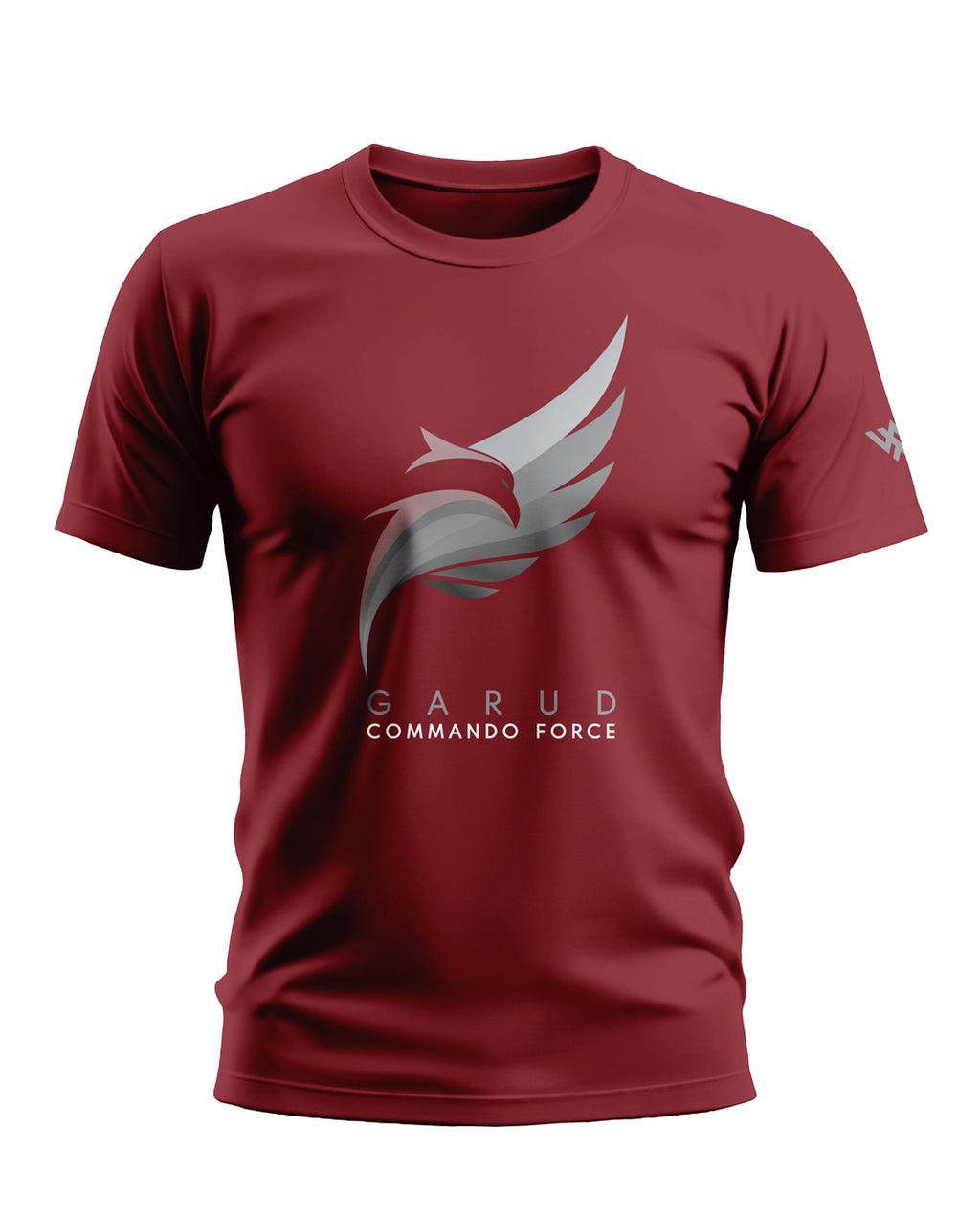 Maroon men's t-shirt with silver Garud Commando Force logo and short sleeves