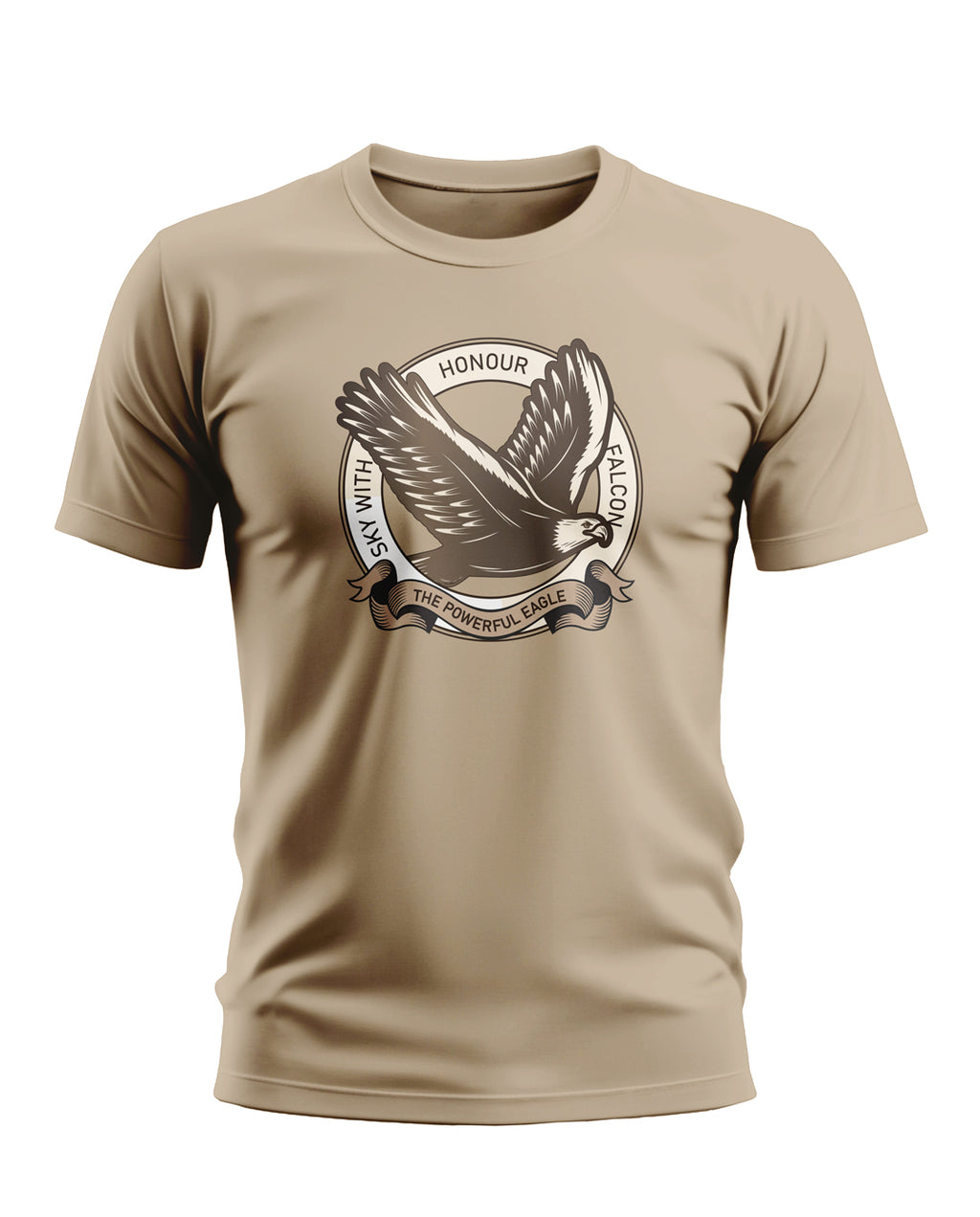 Beige men's t-shirt with bold eagle graphic and text, short sleeves, army-inspired style