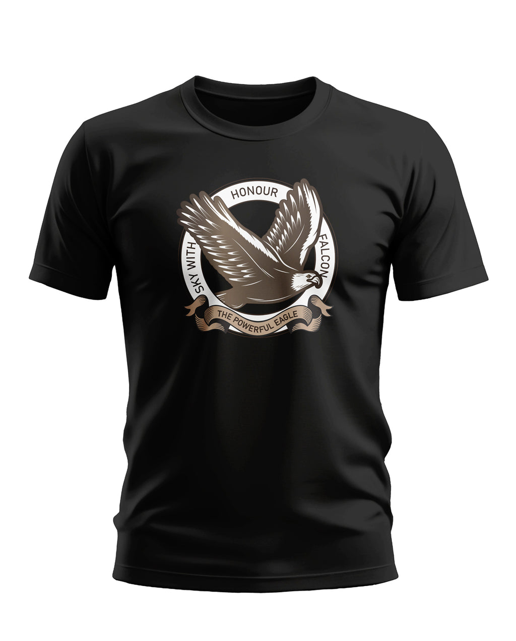 Black men's t-shirt with flying eagle graphic and Honour Falcon slogan, army-inspired fashion