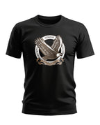 Black men's t-shirt with flying eagle graphic and Honour Falcon slogan, army-inspired fashion