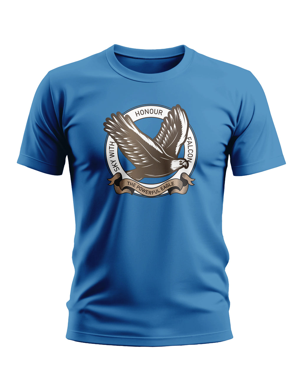 Blue men's t-shirt featuring a bold eagle graphic and slogan, army-inspired fashion style.