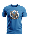 Blue men's t-shirt featuring a bold eagle graphic and slogan, army-inspired fashion style.