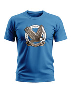 Blue men's t-shirt featuring a bold eagle graphic and slogan, army-inspired fashion style.