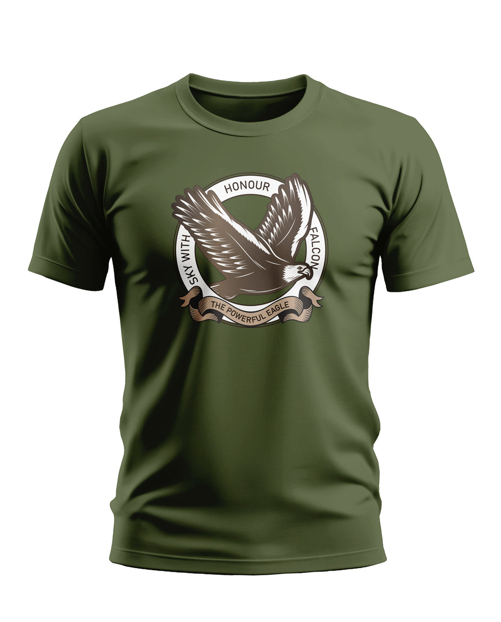 Olive green men's t-shirt with flying eagle graphic and Honour slogan, army-inspired design