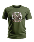 Olive green men's t-shirt with flying eagle graphic and Honour slogan, army-inspired design