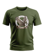 Olive green men's t-shirt with flying eagle graphic and Honour slogan, army-inspired design