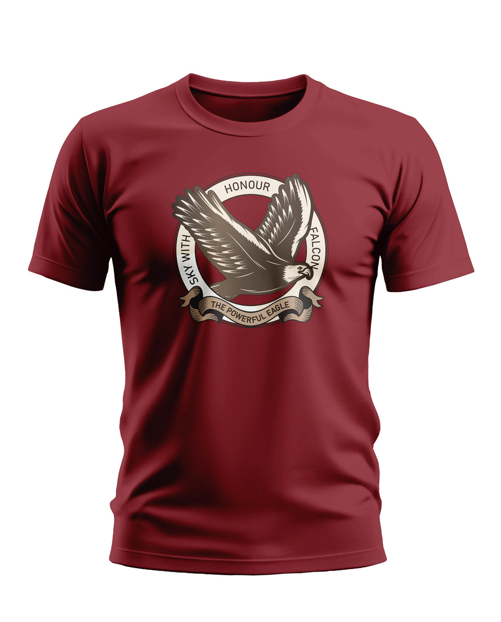 Maroon men's t-shirt with eagle and honour falcon sky graphic, military style print